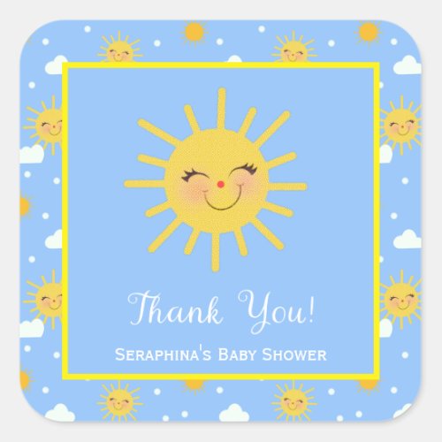Smiling Blue Yellow Sunshine Baby Shower Thank You Square Sticker