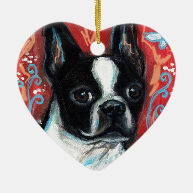 Smiling Boston Terrier Ceramic Ornament (Front)