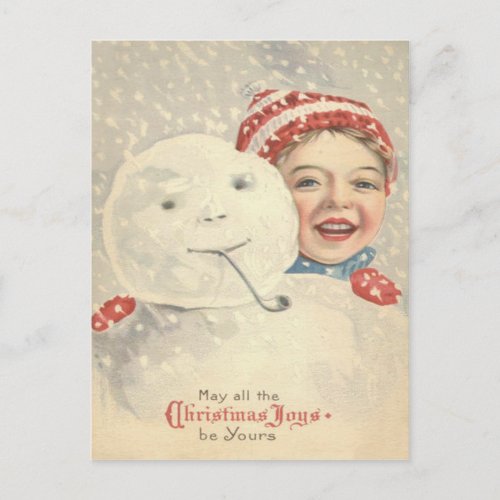 Smiling Boy Snowman Snow Pipe Knit Hat Postcard