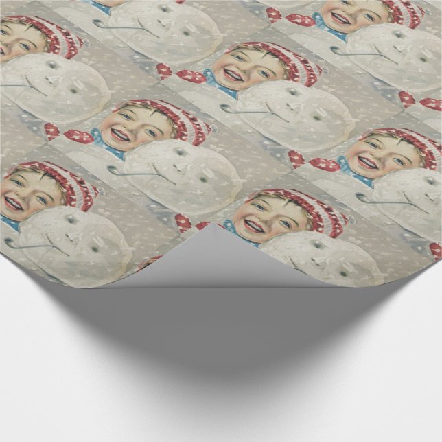 Smiling Boy Snowman Snow Pipe Knit Hat Wrapping Paper (Corner)