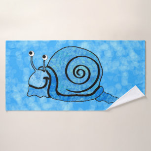 Smiling Bright Aqua Blue Cartoon Snail Patterned Bath Towel Set