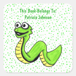 Smiling Bright Green Cartoon Snake Polka Dots Square Sticker