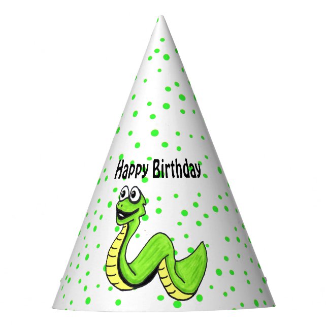 Smiling Bright Green Yellow Cartoon Birthday Snake Party Hat (Front)