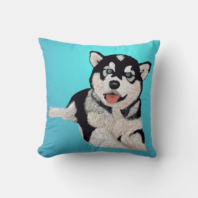 Smiling Bright Husky Puppy against Beautiful Aqua Throw Pillow (Front)