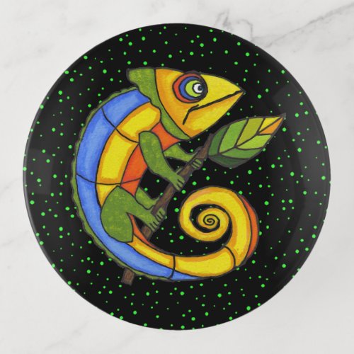 Smiling Brightly Colored Lizard Leaf on Twig Dots Trinket Tray