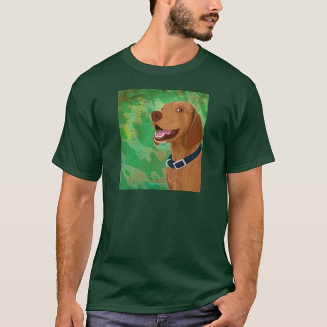 Smiling Brown Vizsla on Green Background T-Shirt (Front)