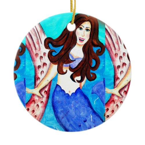 smiling brunette mermaid ceramic ornament