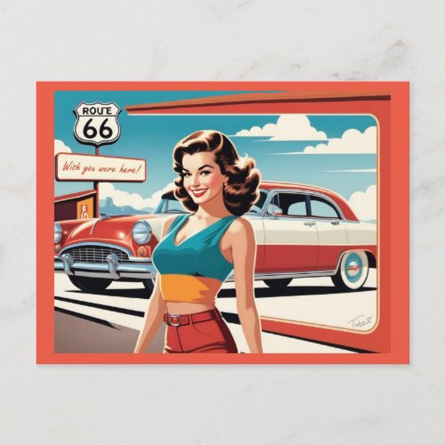 Smiling Brunette Route 66 Vintage Postcard