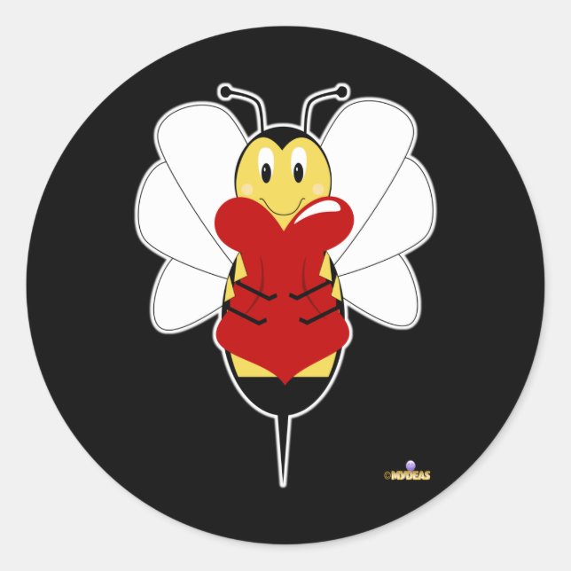 Smiling Bumble Bee Hugs Heart Classic Round Sticker (Front)