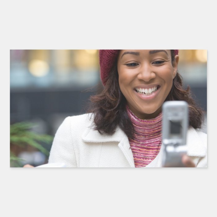 Smiling Business Woman with Cell Phone Rectangular Sticker