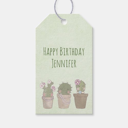 Smiling Cactus Trio Watercolor Design Birthday Gift Tags