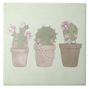 Smiling Cactus Trio Watercolor Design Ceramic Tile