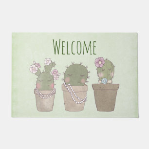 Smiling Cactus Trio Watercolor Design Welcome Doormat