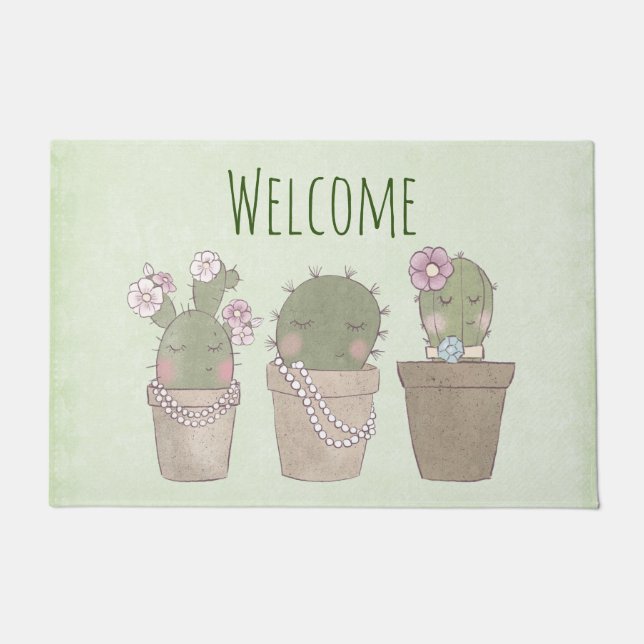Smiling Cactus Trio Watercolor Design Welcome Doormat (Front)