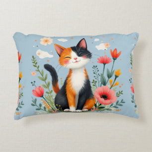 Smiling Calico Cat in Blooming Garden Accent Pillow