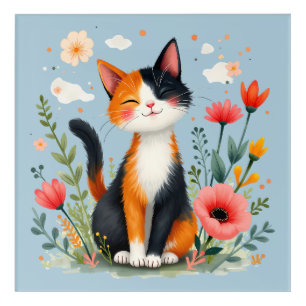 Smiling Calico Cat in Blooming Garden Acrylic Print