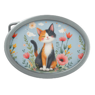 Smiling Calico Cat in Blooming Garden Belt Buckle