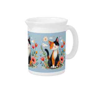 Smiling Calico Cat in Blooming Garden Blue Beverage Pitcher