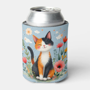 Smiling Calico Cat in Blooming Garden Can Cooler