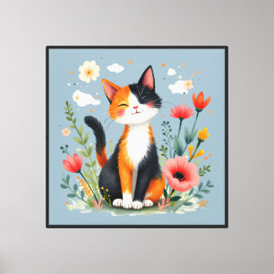 Smiling Calico Cat in Blooming Garden Canvas Print