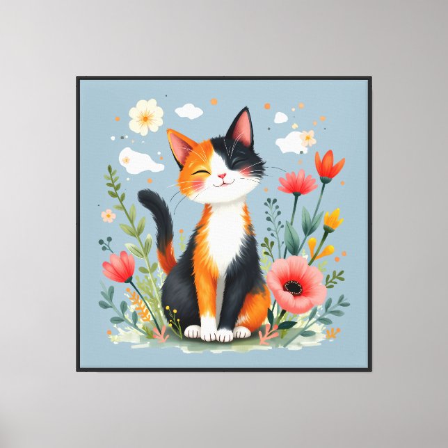Smiling Calico Cat in Blooming Garden Canvas Print (Front)