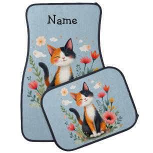 Smiling Calico Cat in Blooming Garden Car Floor Mat