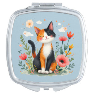 Smiling Calico Cat in Blooming Garden Compact Mirror