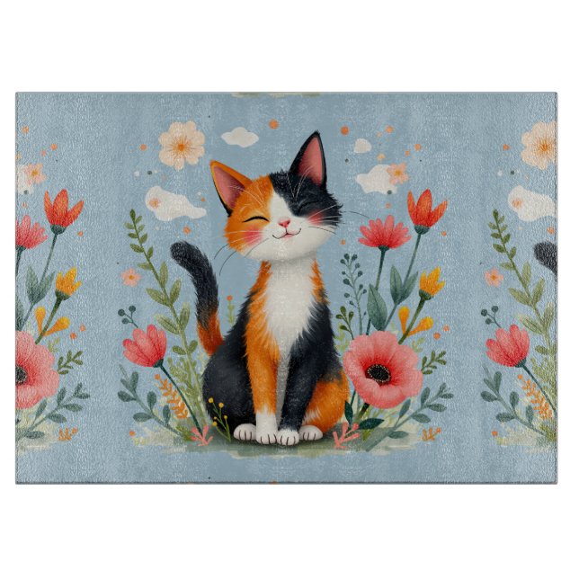 Smiling Calico Cat in Blooming Garden Cutting Board (Front)