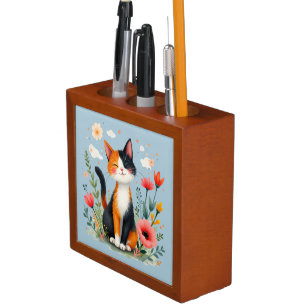 Smiling Calico Cat in Blooming Garden Desk Organizer