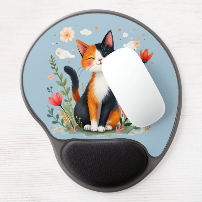 Smiling Calico Cat in Blooming Garden Gel Mouse Pad (Left Side)