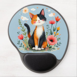 Smiling Calico Cat in Blooming Garden Gel Mouse Pad