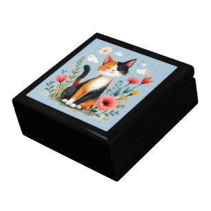 Smiling Calico Cat in Blooming Garden Gift Box