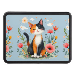 Smiling Calico Cat in Blooming Garden Hitch Cover