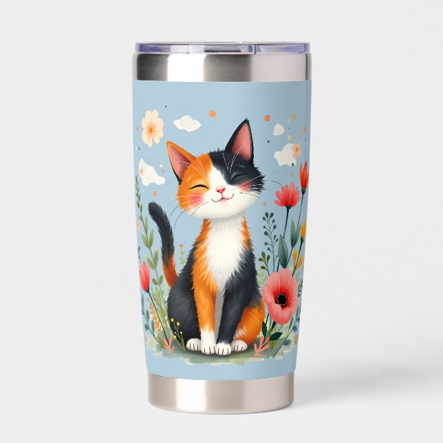 Smiling Calico Cat in Blooming Garden Insulated Tumbler (Front)