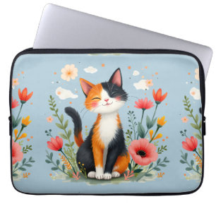 Smiling Calico Cat in Blooming Garden Laptop Sleeve