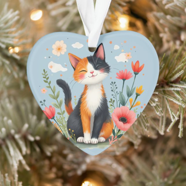 Smiling Calico Cat in Blooming Garden Ornament (Tree)