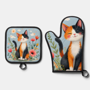 Smiling Calico Cat in Blooming Garden Oven Mitt & Pot Holder Set