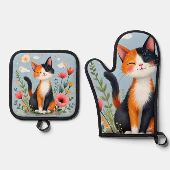 Smiling Calico Cat in Blooming Garden Oven Mitt & Pot Holder Set (Front)