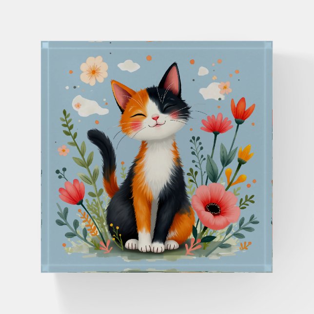 Smiling Calico Cat in Blooming Garden Paperweight (Front)