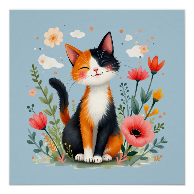 Smiling Calico Cat in Blooming Garden Poster (Front)