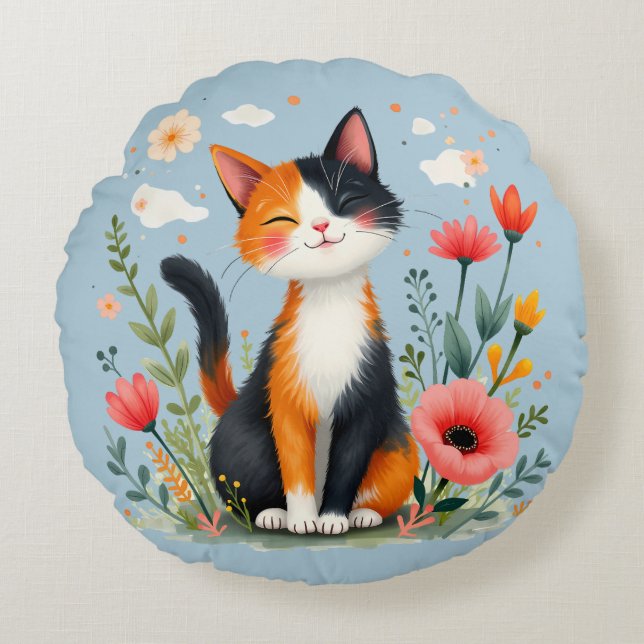 Smiling Calico Cat in Blooming Garden Round Pillow (Front)