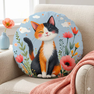 Smiling Calico Cat in Blooming Garden Round Pillow