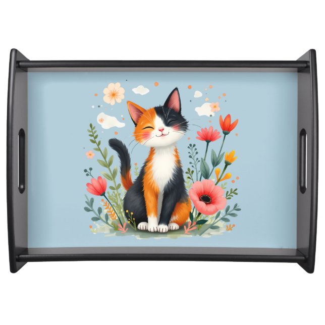 Smiling Calico Cat in Blooming Garden Serving Tray (Front)