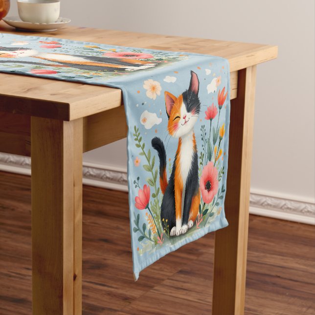 Smiling Calico Cat in Blooming Garden Short Table Runner (In Situ)