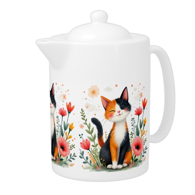 Smiling Calico Cat in Blooming Garden Teapot (Right)