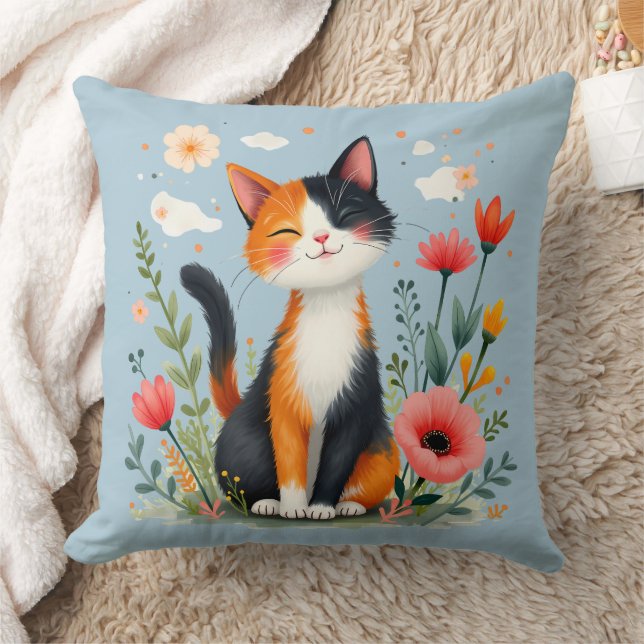 Smiling Calico Cat in Blooming Garden Throw Pillow (Blanket)