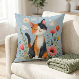 Smiling Calico Cat in Blooming Garden Throw Pillow