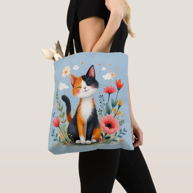 Smiling Calico Cat in Blooming Garden Tote Bag (Close Up)