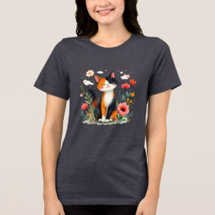 Smiling Calico Cat in Blooming Garden Tri-Blend Shirt