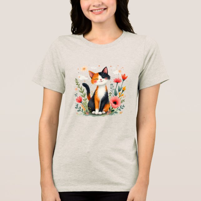 Smiling Calico Cat in Blooming Garden Tri-Blend Shirt (Front)